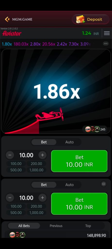 MGM Game Aviator game interface with betting options and 1.86x multiplier